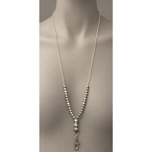Silver Chain Gray Beaded ID Badge Holder Lanyard 32 Inch Magnetic Clip